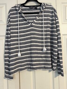 TAHARI Size X-Large Linen Hooded Sweatshirt Navy Blue White Striped Lightweight